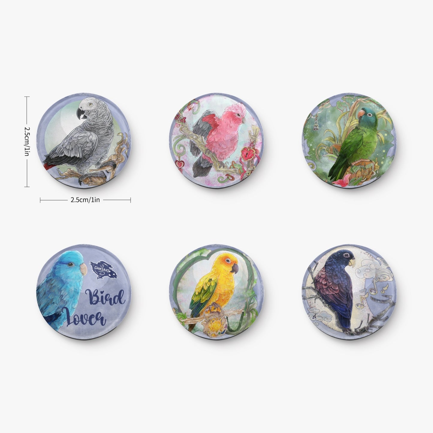 Fridge Magnet Set - 6 Pieces - Quality Glass - Parrot and Bird lovers kit - Cinksart