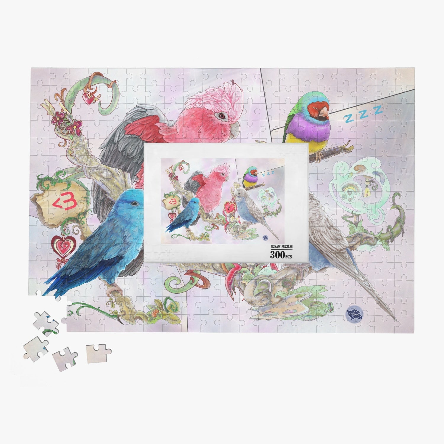 Wooden Jigsaw Puzzle 300 PCS by Cinksart, Pink Galah Cockatoo, Blue Parrotlet, Female pale blue budgie, gouldian finch, for sale, new, with the costumized illustration on its box, Casse-tête de qualité en bois 300 pièces, Cacatoès Rosalbin, Toui Céleste bleu, Perruche Ondulée bleu pâle et Diamant de Gould, pour amoureux des oiseaux, à vendre, inclus avec sa boîte qui montre l'illustration du puzzle dessus.