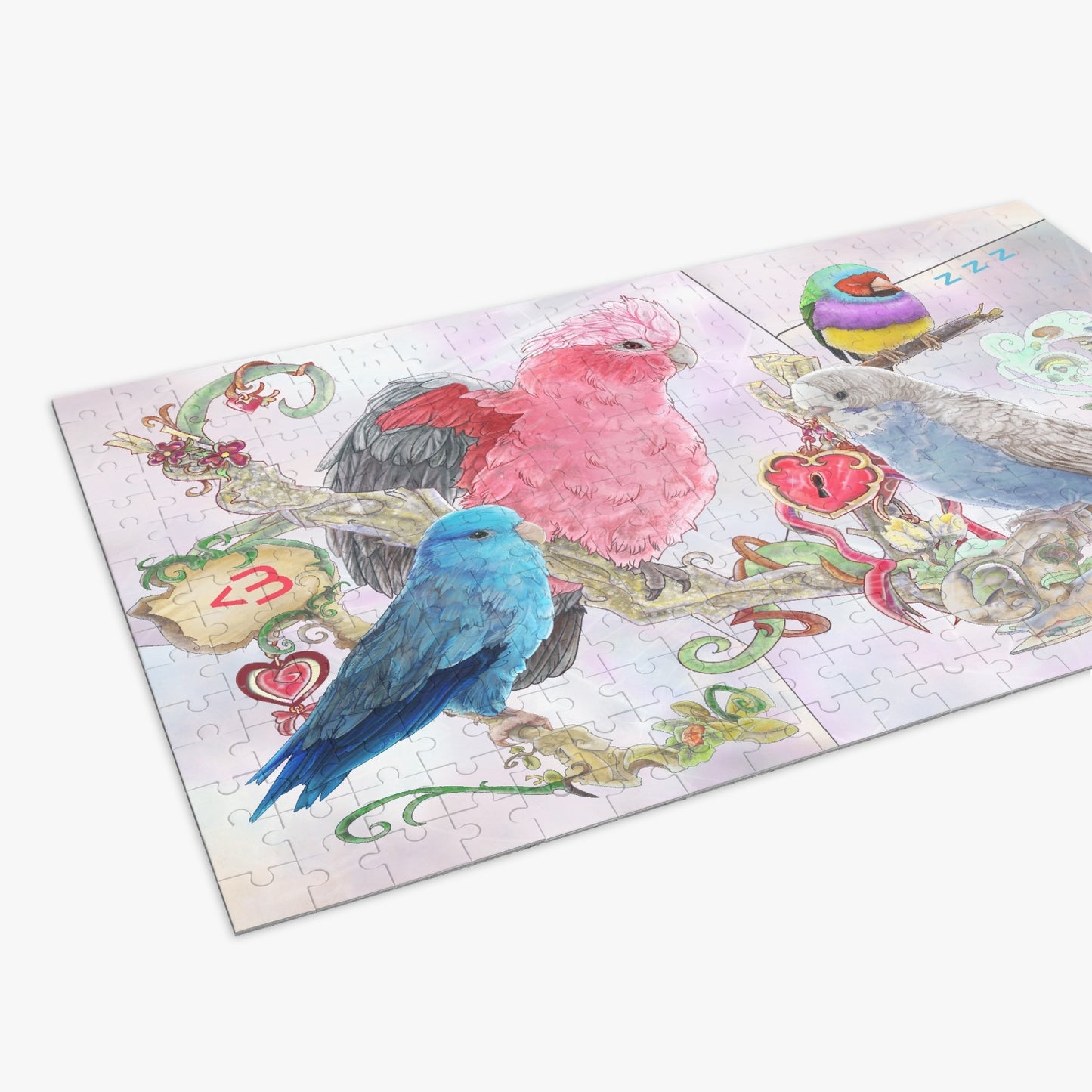 Wooden Jigsaw Puzzle 300 PCS by Cinksart, Pink Galah Cockatoo, Blue Parrotlet, Female pale blue budgie, gouldian finch,  Casse-tête de qualité en bois 300 pièces, Cacatoès Rosalbin, Toui Céleste bleu, Perruche Ondulée bleu pâle et Diamant de Gould, pour amoureux des oiseaux - vue alternative