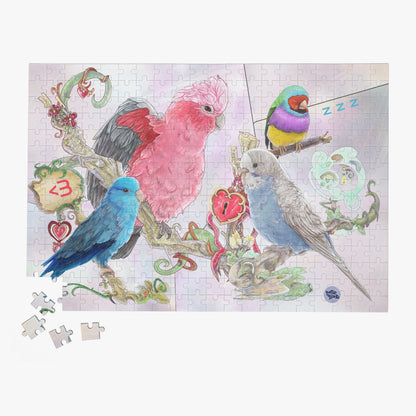 Wooden Jigsaw Puzzle 300 PCS by Cinksart, Pink Galah Cockatoo, Blue Parrotlet, Female pale blue budgie, gouldian finch,  Casse-tête de qualité en bois 300 pièces, Cacatoès Rosalbin, Toui Céleste bleu, Perruche Ondulée bleu pâle et Diamant de Gould, pour amoureux des oiseaux