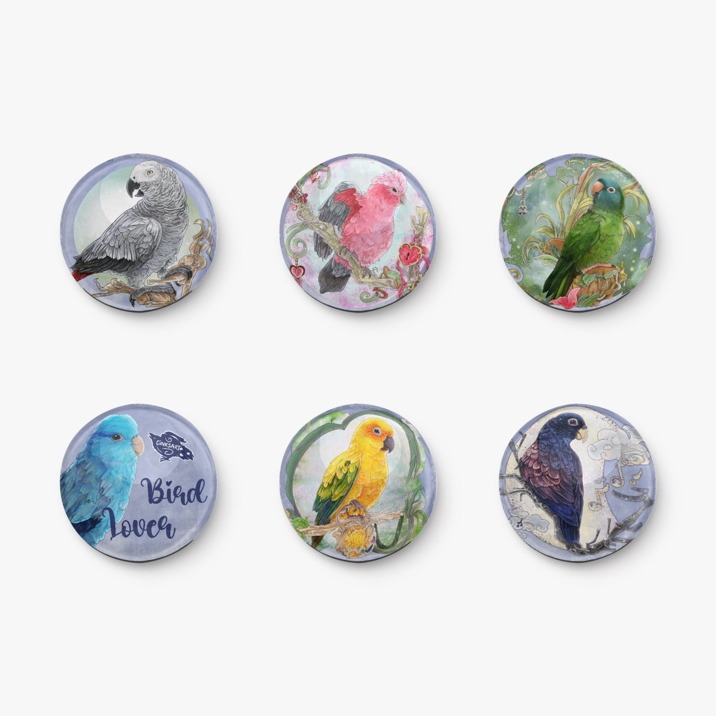 Fridge Magnet Set - 6 Pieces - Quality Glass - Parrot and Bird lovers kit - Cinksart