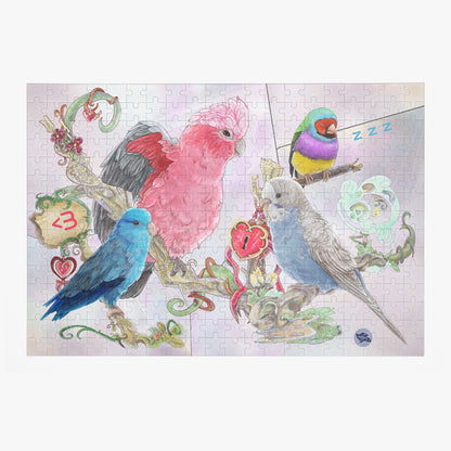 Wooden Jigsaw Puzzle 300 PCS by Cinksart, Pink Galah Cockatoo, Blue Parrotlet, Female pale blue budgie, gouldian finch, Casse-tête de qualité en bois 300 pièces, Cacatoès Rosalbin, Toui Céleste bleu, Perruche Ondulée bleu pâle et Diamant de Gould, pour amoureux des oiseaux - Cinksart Artiste Québécoise