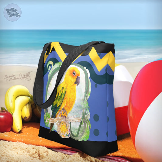 Beach Collection Tote-Bag 15x15 Sun-Conure by Cinksart 2024 Copyright Side-View - Conure Soleil Sac fourre-tout Collection Plage