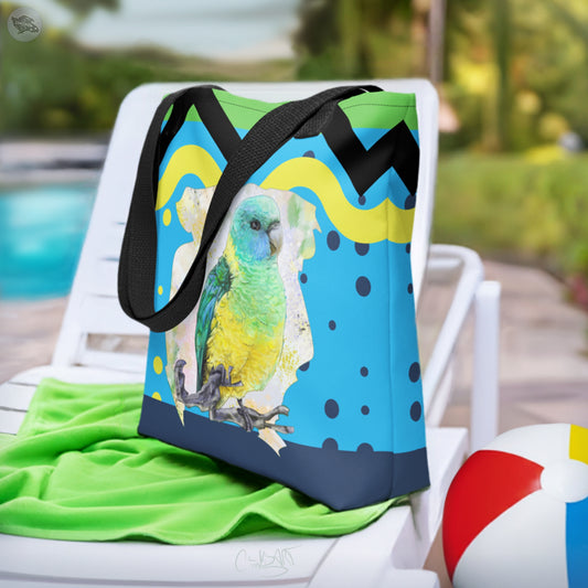 Cloncurry Parrot Tote Bag Tropical Bird lovers design by Cinksart - Life Style Mockup by Cinksart -  Perroquet perruche Cloncurry Bleu Jaune vert - Amoureux des oiseaux - Side View - 2024