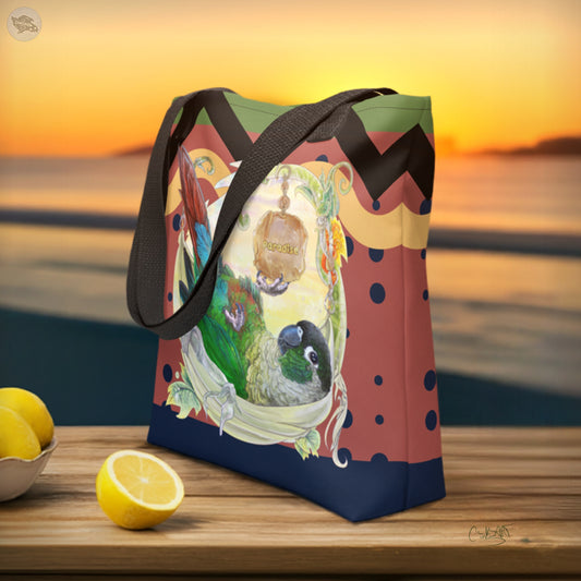 Tote Bag - Green Cheeked Conure - Cinksart - Parrot Lovers Beach and Shopping bag - Collection été Plage Cinksart Conure à joues verte sac fourre-tout - Amoureux des oiseaux - Sunset - Mockup by Cinksart 2024 - Design by Cinksart 2024 - Side View