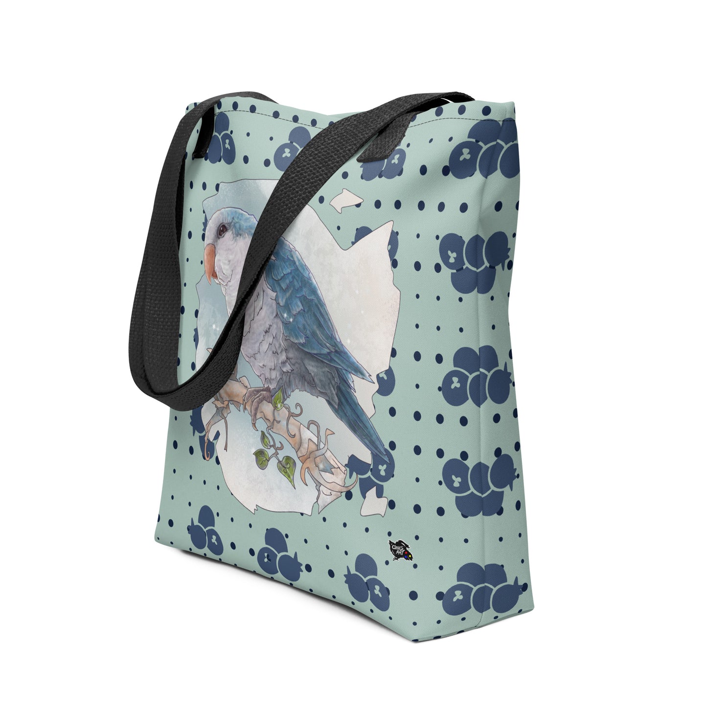 Cinksart-Blue-Quaker-Parrot-bird-lovers-tote-bag-15x15-front-Blueberry-Perroquet-Quaker-Bleu-theme-Myrtilles-Bleuets-Sac-fourre-tout-Shopping-All-over-print