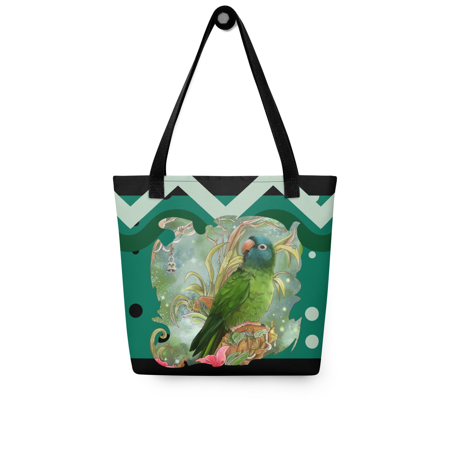 Tote Bag - Blue Crowned Conure - Cinksart - Parrot Lovers Travel and Shopping bag - Green - Sac fourre-tout Vert avec conure à tête bleue - Cinksart 2024 - front view