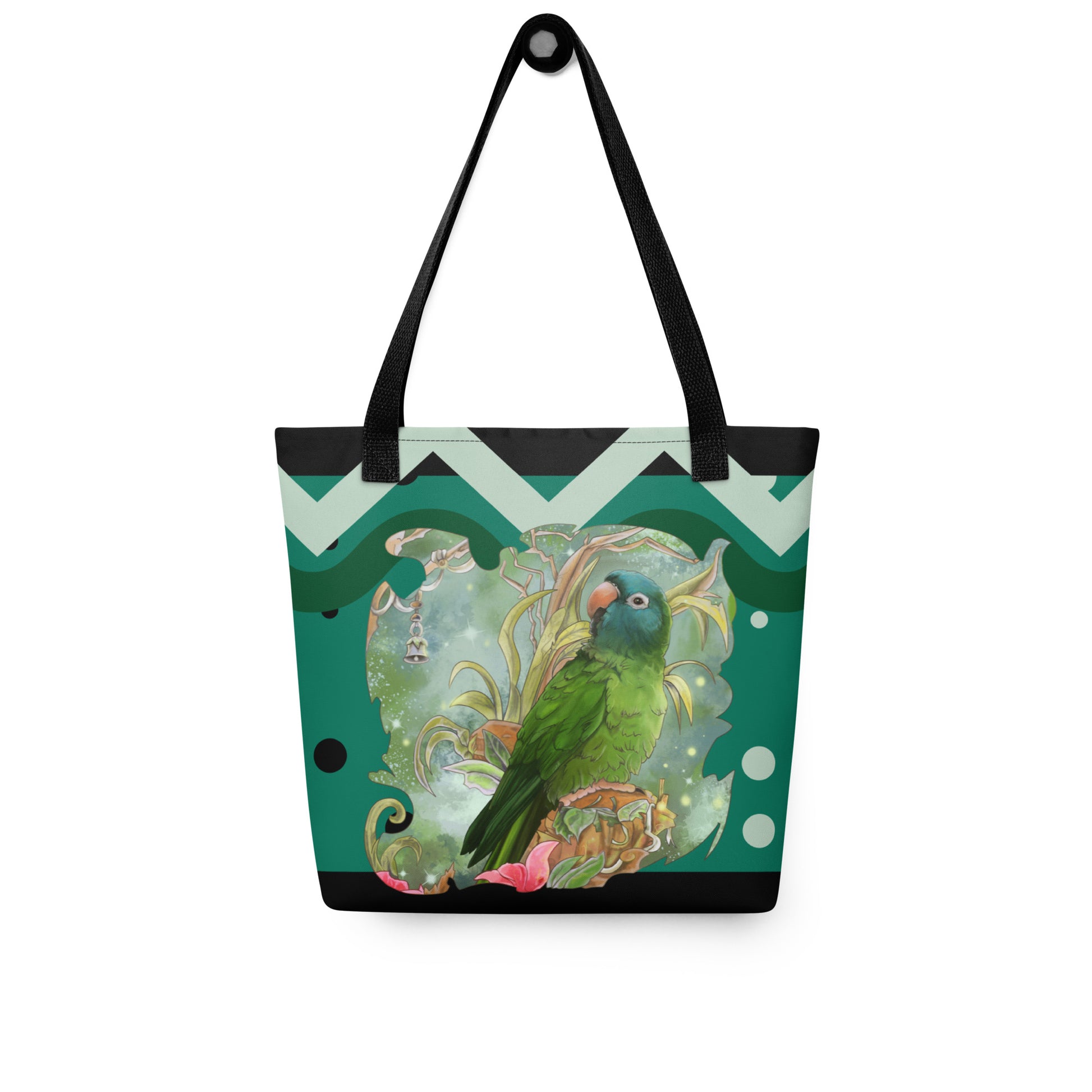 Tote Bag - Blue Crowned Conure - Cinksart - Parrot Lovers Travel and Shopping bag - Green - Sac fourre-tout Vert avec conure à tête bleue - Cinksart 2024 - front view