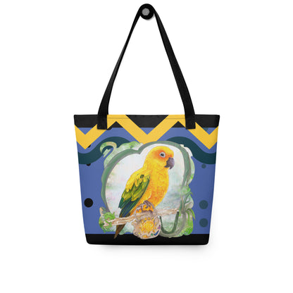 Shopping tote bag for beach and summer with sun conure parrot on it - design by Cinksart 2024 copyright - Front view - Black handle - Sac Fourre-tout conure soleil avec poignée Noir