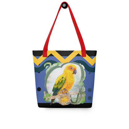 Shopping tote bag for beach and summer with sun conure parrot on it - design by Cinksart 2024 copyright - Front view - Red handle - Sac Fourre-tout conure soleil avec poignée Rouge