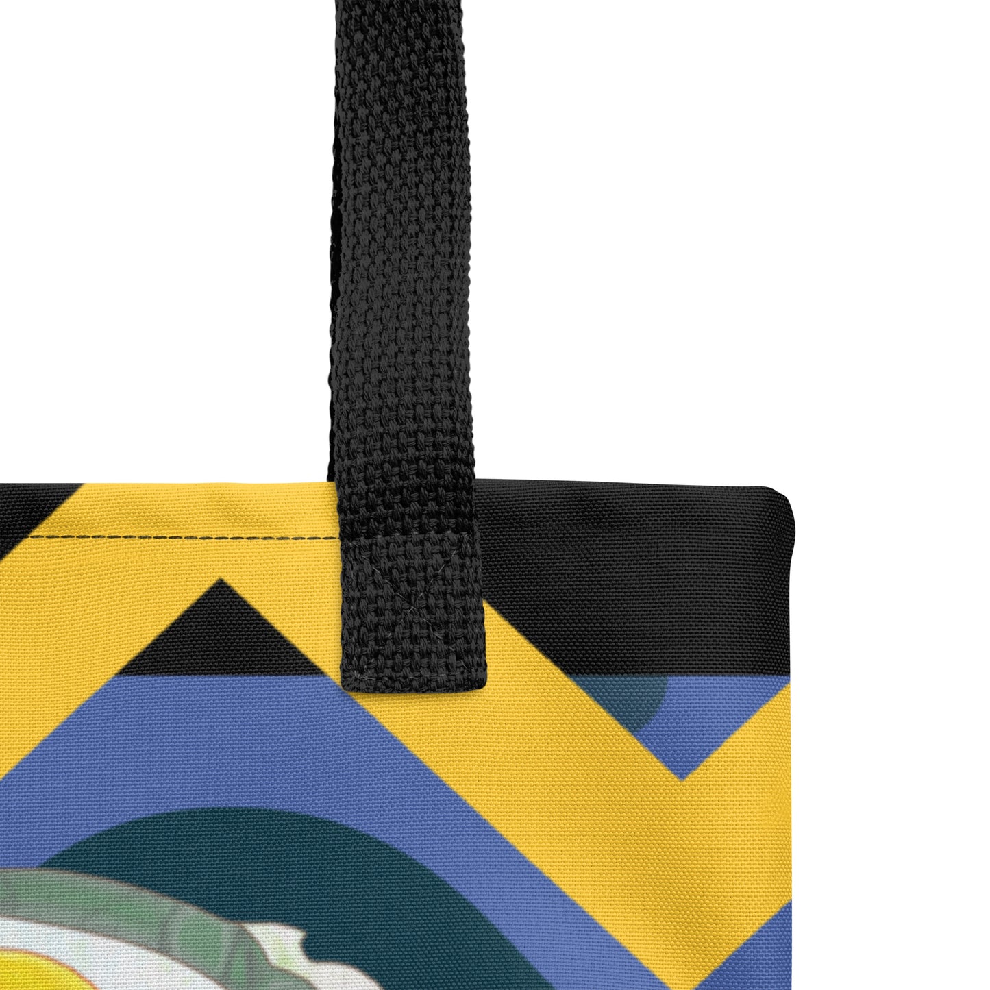 Shopping tote bag for beach and summer with sun conure parrot on it - design by Cinksart 2024 copyright - Product detail zoomed - Black handle - Sac Fourre-tout conure soleil avec poignée noir