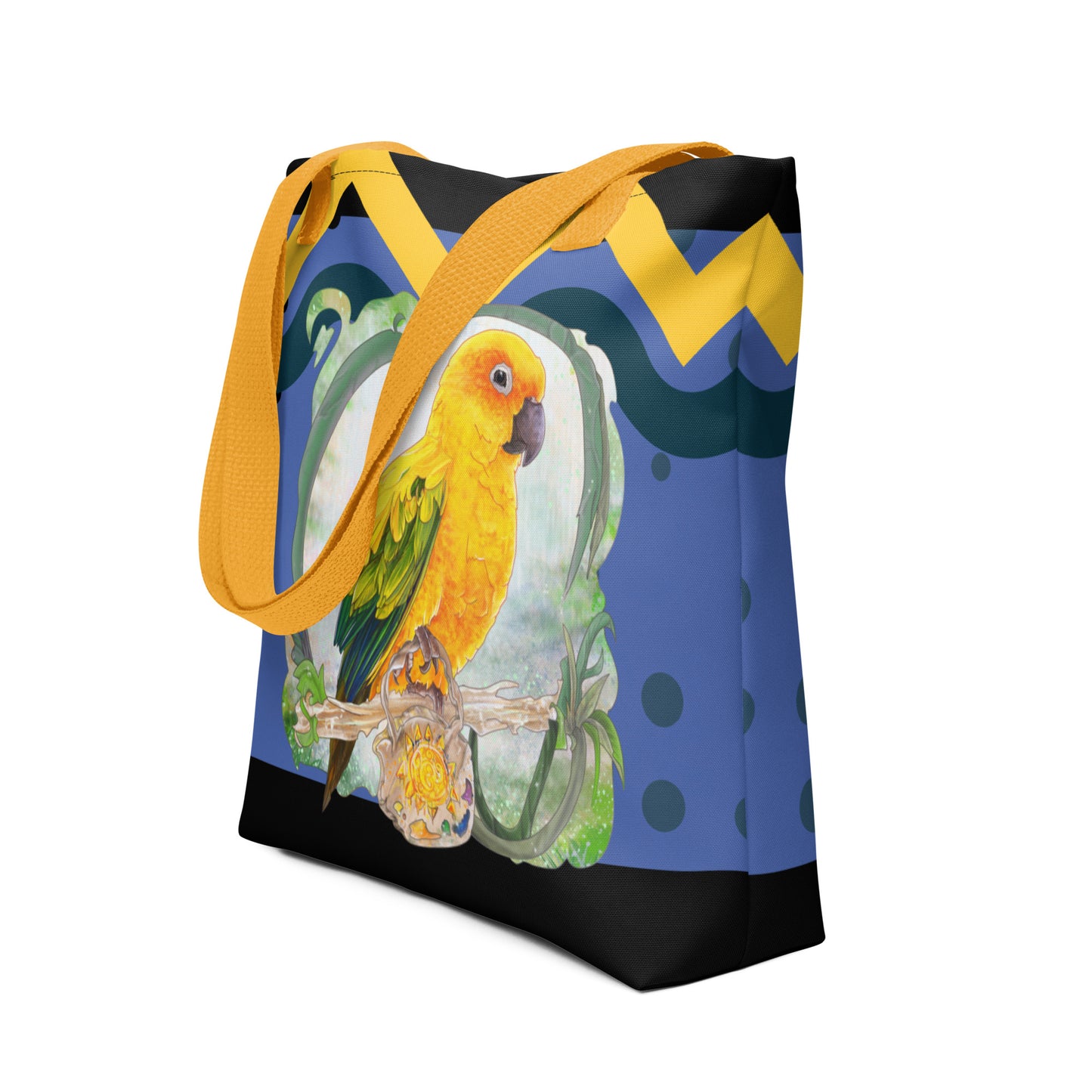 Shopping tote bag for beach and summer with sun conure parrot on it - design by Cinksart 2024 copyright - Side view - Yellow handle - Sac Fourre-tout conure soleil avec poignée Jaune