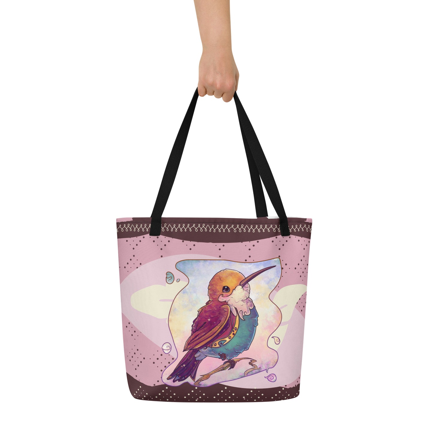 Large Tote Bag with pocket inside - All Over Printed - Cute Hummingbird