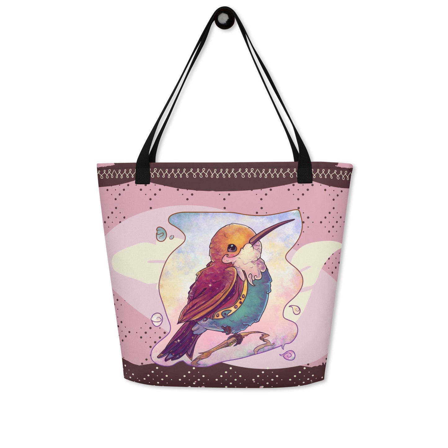 Large Tote Bag with pocket inside - All Over Printed - Cute Hummingbird