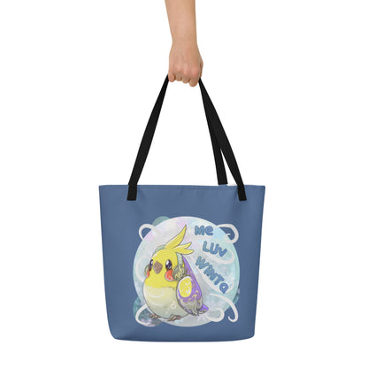 Large Tote Bag with Pocked inside - All Over Printed - Winter Cockatiel - Blue