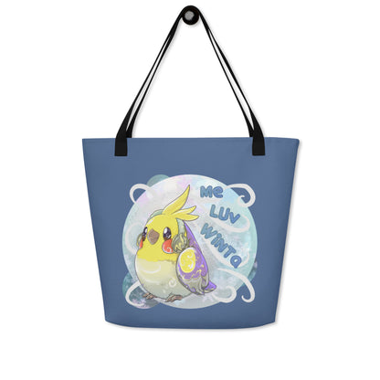 Large Tote Bag with Pocked inside - All Over Printed - Winter Cockatiel - Blue