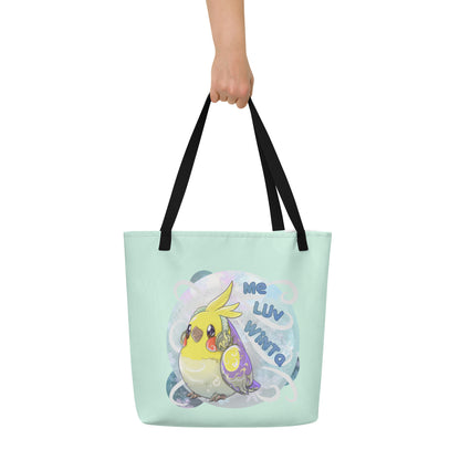 Large Tote Bag with pocket inside - All Over Printed - Winter Cockatiel - Light Blue