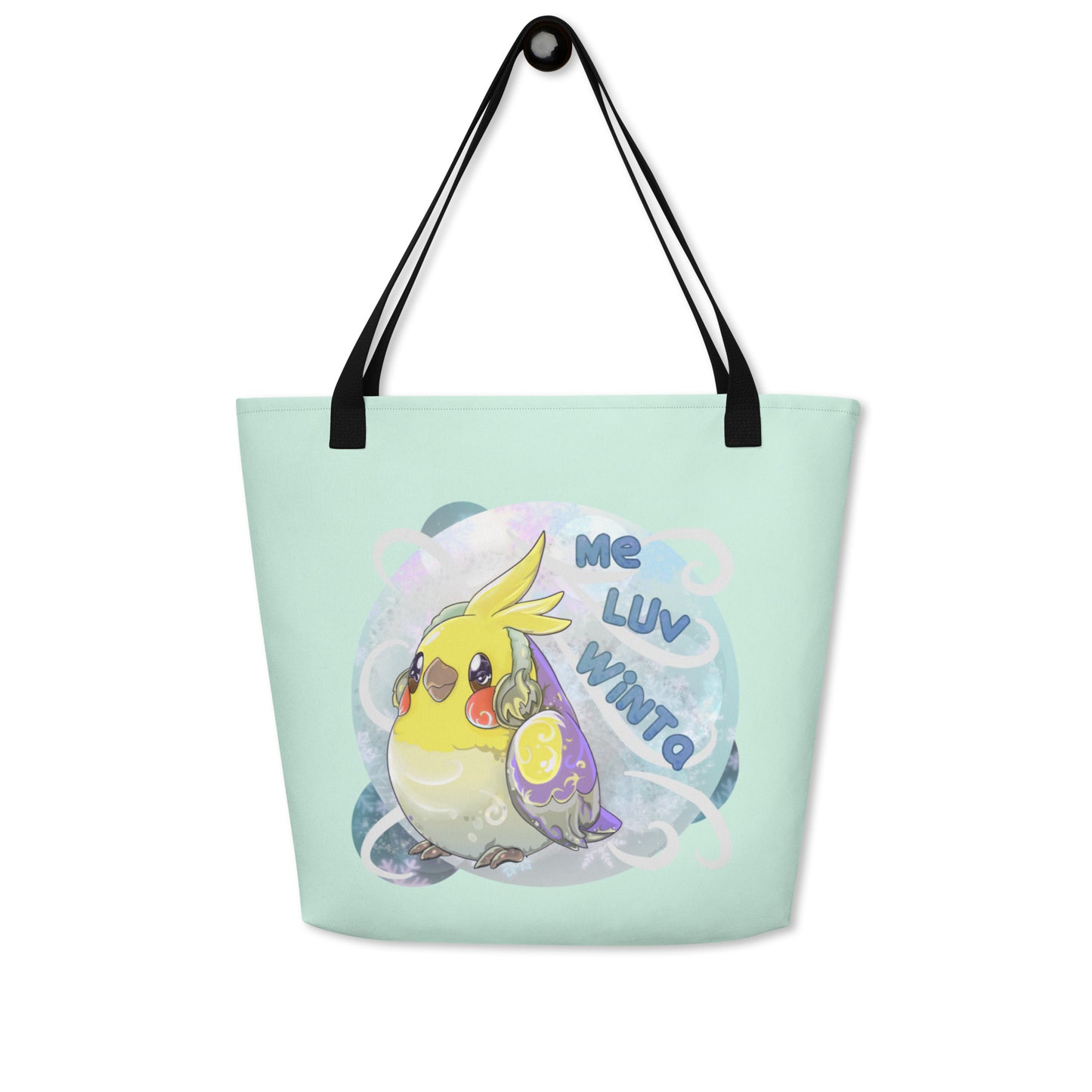 Large Tote Bag with pocket inside - All Over Printed - Winter Cockatiel - Light Blue