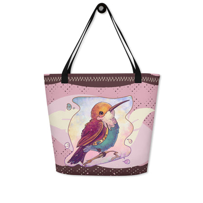 Large Tote Bag with pocket inside - All Over Printed - Cute Hummingbird