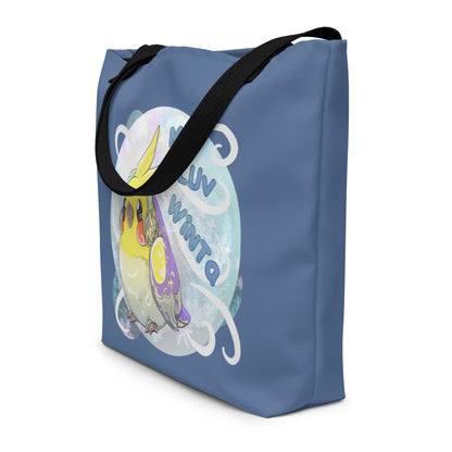 Large Tote Bag with Pocked inside - All Over Printed - Winter Cockatiel - Blue