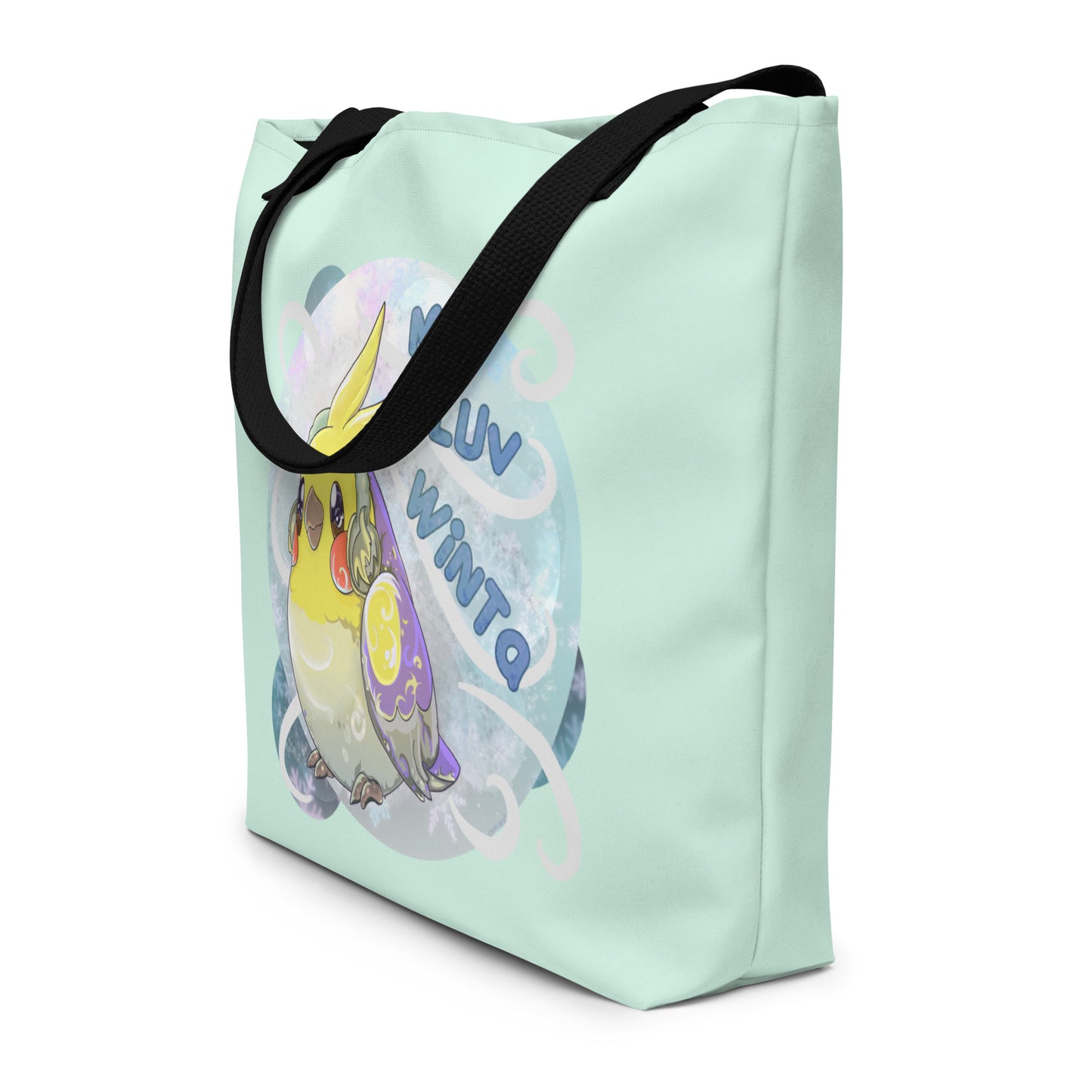 Large Tote Bag with pocket inside - All Over Printed - Winter Cockatiel - Light Blue