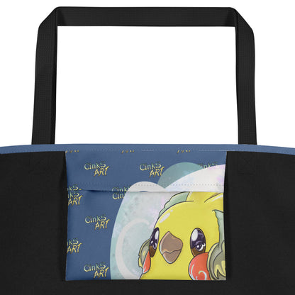 Large Tote Bag with Pocked inside - All Over Printed - Winter Cockatiel - Blue