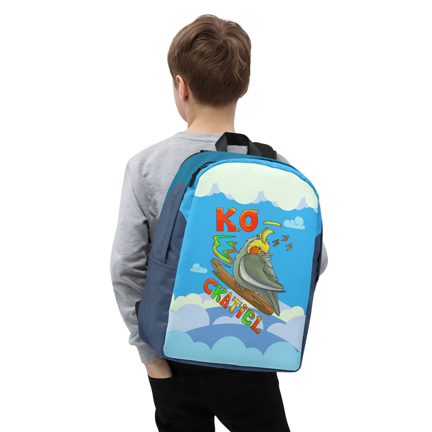 Cute Backpack with Grey Sleepy Cockatiel - Ko-Ckatiel Bird Pun - Blue