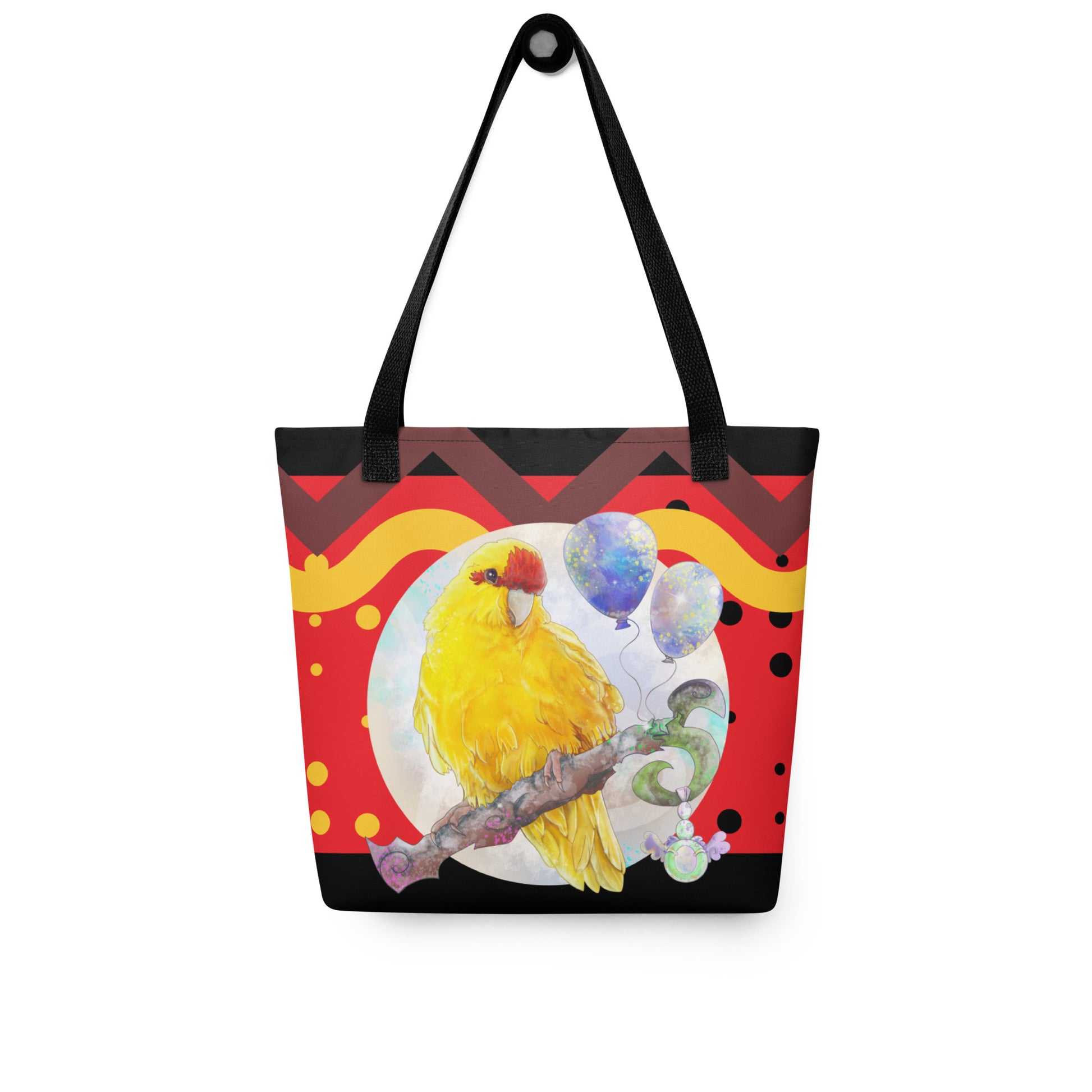 Yellow and Red Kakariki Parrot tote bag - Beach bag shopping tote - for bird lovers and parrot owners - front view - Design by Cinksart 2024 Copyright - Perroquet Kakariki Jaune et rouge sac fourre-tout collection plage 2024 - Black Handles - Poignées Noires