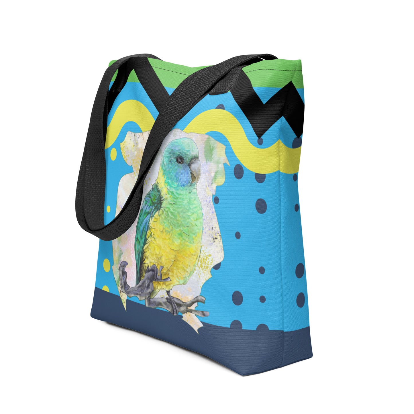 Cloncurry Parrot Tote Bag Tropical Bird lovers design by Cinksart - Life Style Mockup by Cinksart -  Perroquet perruche Cloncurry Bleu Jaune vert - Amoureux des oiseaux - Side View - 2024 - Blank Decor