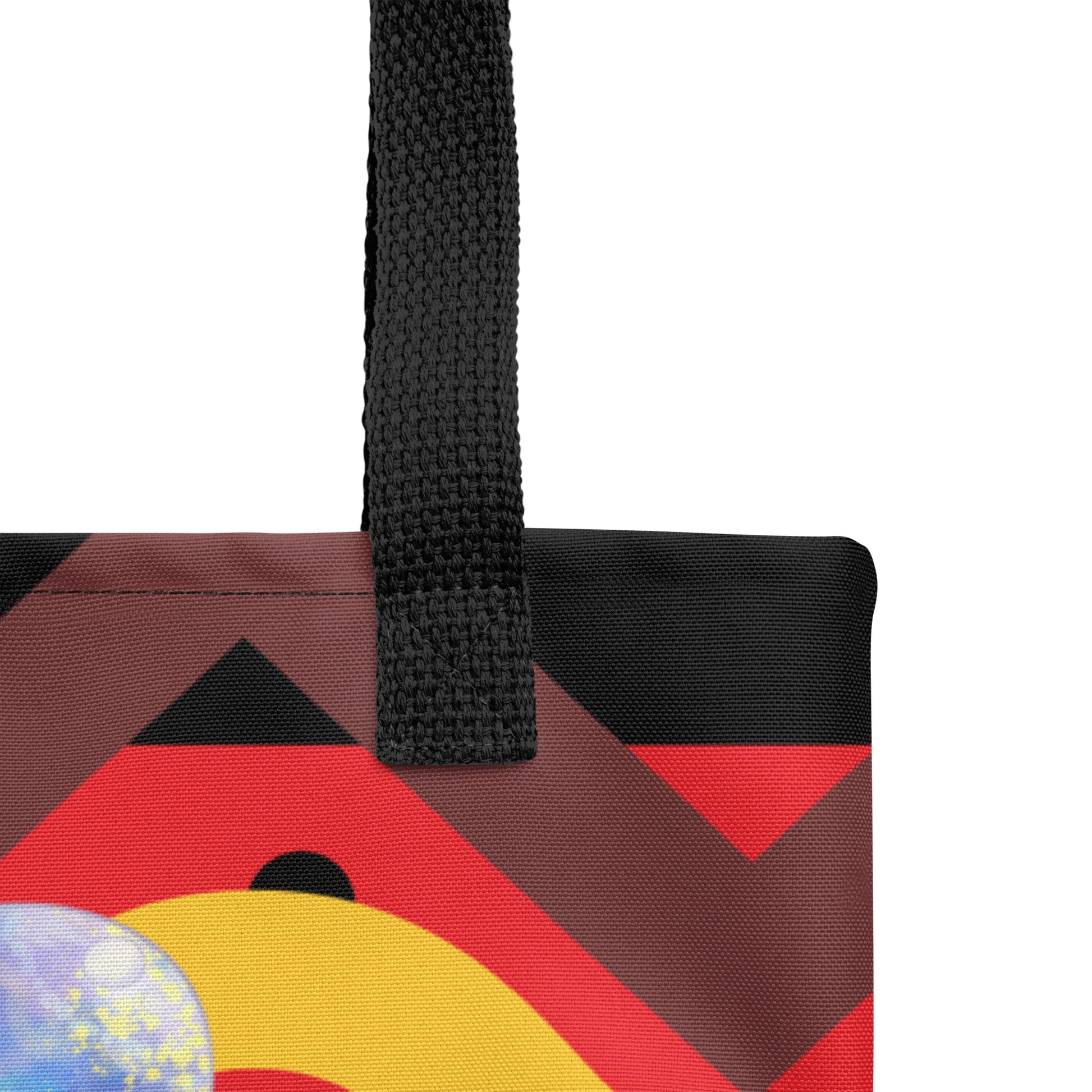 Yellow and Red Kakariki Parrot tote bag - Beach bag shopping tote - for bird lovers and parrot owners - Zoomed product detail view - Design by Cinksart 2024 Copyright - Perroquet Kakariki Jaune et rouge sac fourre-tout collection plage 2024 - Black Handles - Poignées  Noires