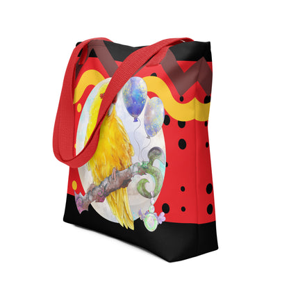 Yellow and Red Kakariki Parrot tote bag - Beach bag shopping tote - for bird lovers and parrot owners - Side view - Design by Cinksart 2024 Copyright - Perroquet Kakariki Jaune et rouge sac fourre-tout collection plage 2024 - Red Handles - Poignées Rouges