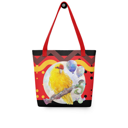 Yellow and Red Kakariki Parrot tote bag - Beach bag shopping tote - for bird lovers and parrot owners - front view - Design by Cinksart 2024 Copyright - Perroquet Kakariki Jaune et rouge sac fourre-tout collection plage 2024 - Red Handles - Poignées Rouges