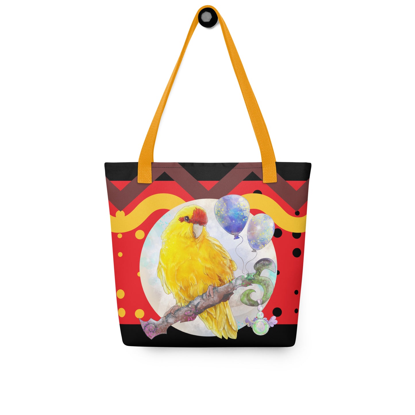 Yellow and Red Kakariki Parrot tote bag - Beach bag shopping tote - for bird lovers and parrot owners - front view - Design by Cinksart 2024 Copyright - Perroquet Kakariki Jaune et rouge sac fourre-tout collection plage 2024 - Yellow Handles - Poignées Jaunes