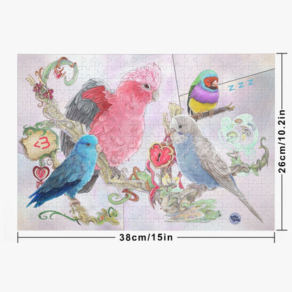 Wooden Jigsaw Puzzle 300 PCS by Cinksart, Pink Galah Cockatoo, Blue Parrotlet, Female pale blue budgie, gouldian finch,  Casse-tête de qualité en bois 300 pièces, Cacatoès Rosalbin, Toui Céleste bleu, Perruche Ondulée bleu pâle et Diamant de Gould, pour amoureux des oiseaux 38 x 26 cm , 15'' x 10.2'' Inch / pouces.