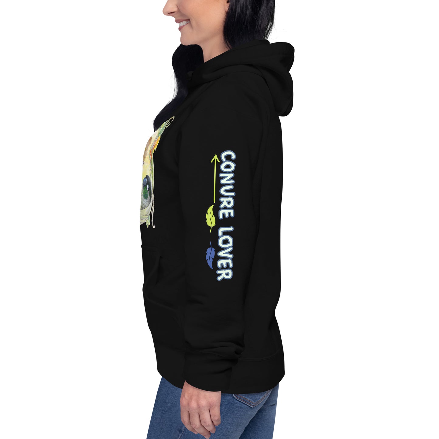 Unisex Bird lovers Hoodie - Green Cheeked Conure Parrot - Conure Lover printed on left sleeve