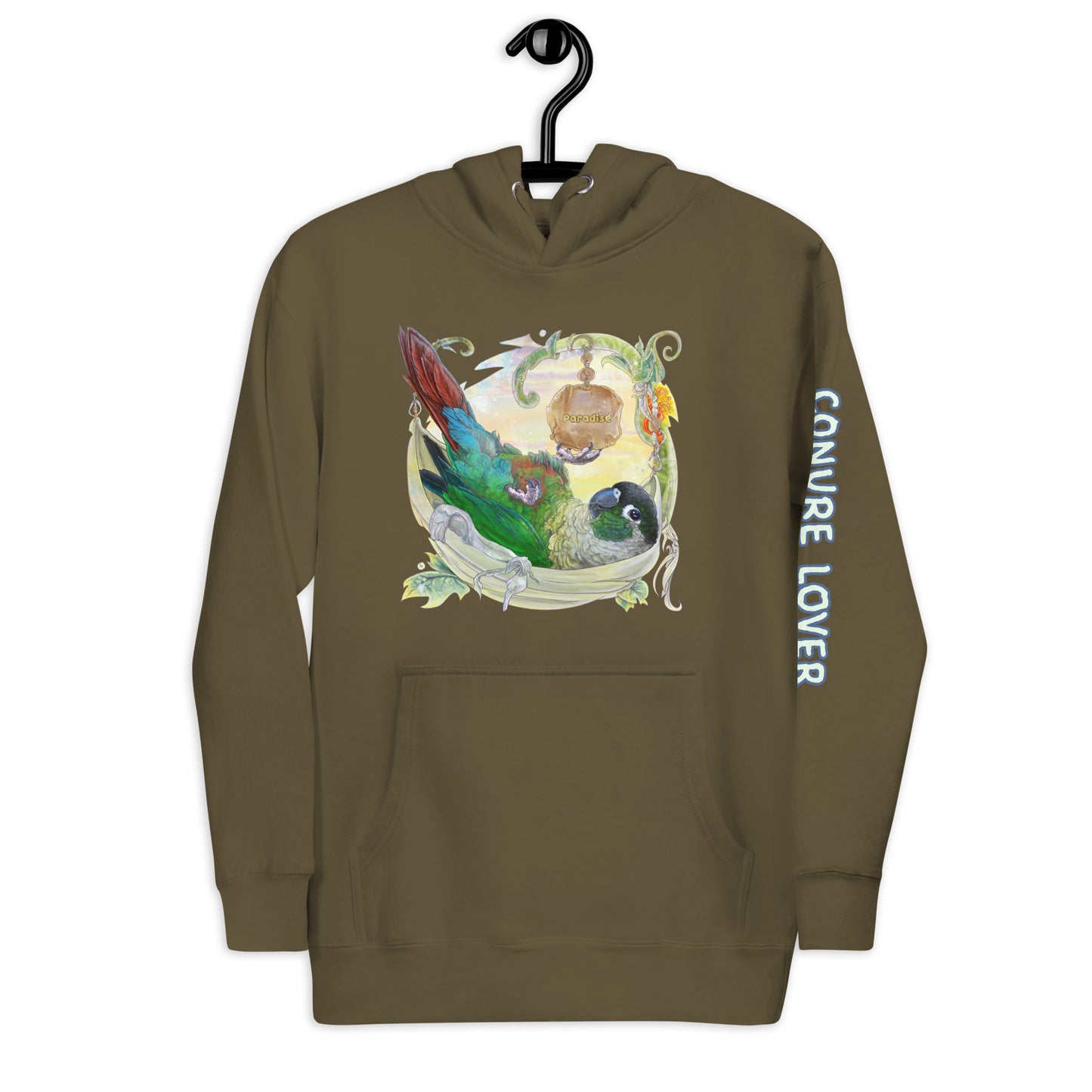 Unisex Bird lovers Hoodie - Green Cheeked Conure Parrot - Conure Lover printed on left sleeve