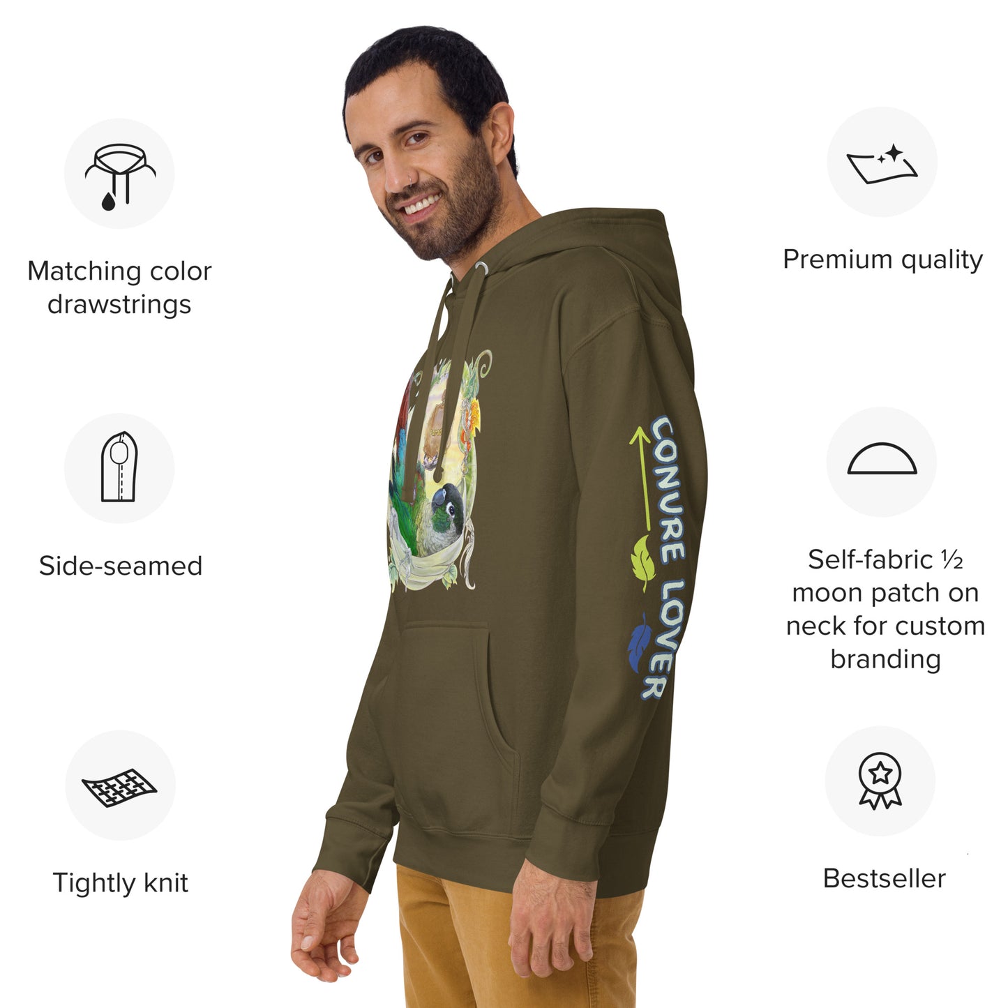 Unisex Bird lovers Hoodie - Green Cheeked Conure Parrot - Conure Lover printed on left sleeve