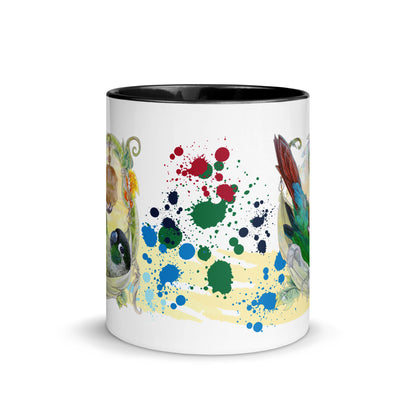 Green cheeked conure ceramic Mug for bird and parrot lovers by cinksart Cups Black and white color with glossy finish 11 oz cute birb in paradise - Front view with splatter painting effects - Tasse mug noire et blanche , mug noir et blanc avec conure à joues vertes couché dans un hamac au paradis illustration par l'artiste québécoise Cinksart, illustratrice d'oiseaux depuis 2024 ( tasse vue de face avec effets d'éclaboussures)