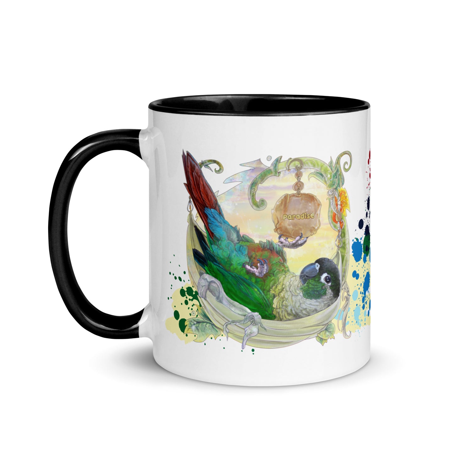 Green cheeked conure ceramic Mug for bird and parrot lovers by Canadian Bird Artist Cinksart Mug black and white color with glossy finish 11 oz cute bird in paradise - Left Side view - Mug noir et blanc en céramique, Tasse noire et blanche avec conure à joues vertes couché dans un hamac au paradis illustration par l_artiste quebecoise Cinksart, illustratrice d_oiseaux depuis 2024 - tasse vue cote Gauche 