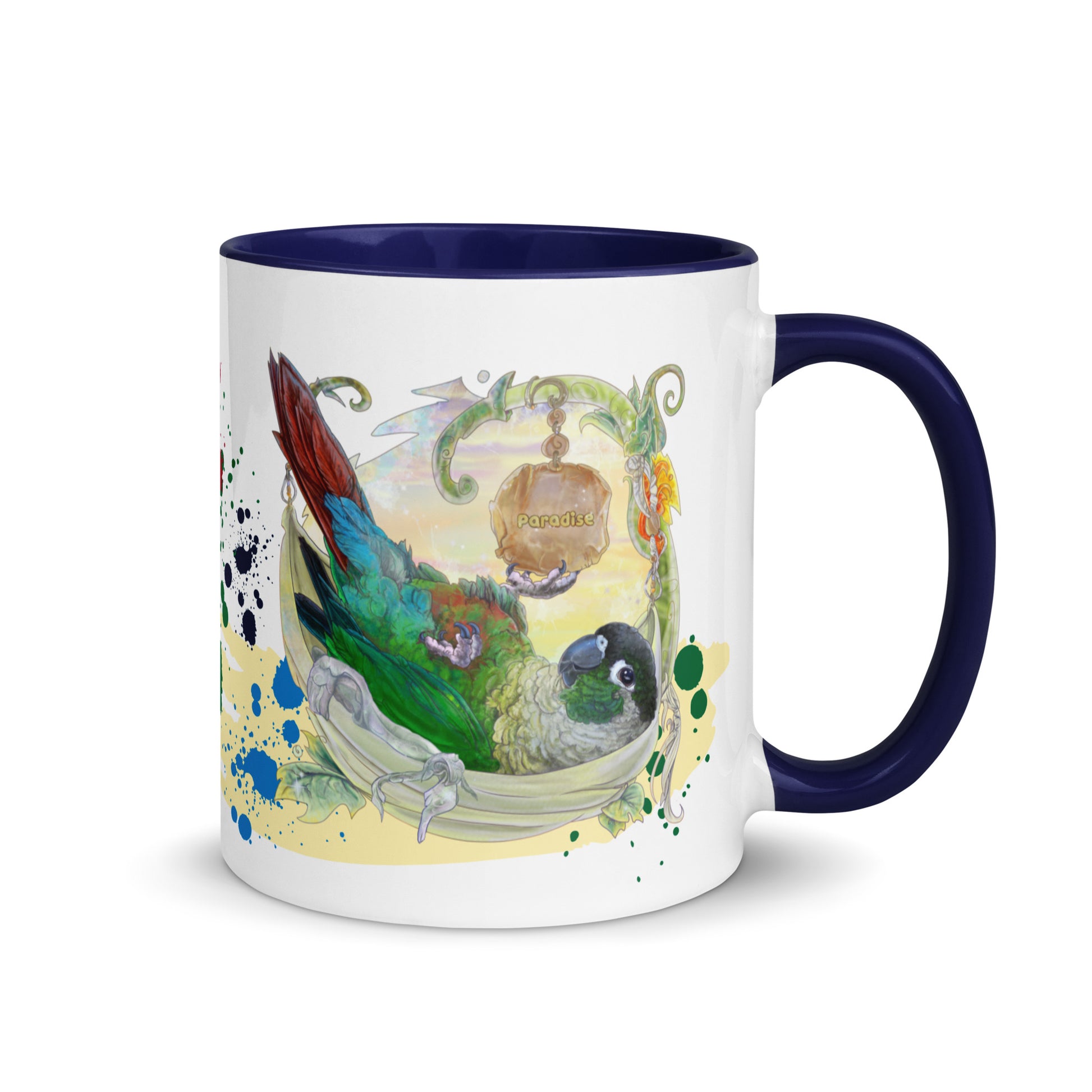 Green cheeked conure ceramic Mug for bird and parrot lovers by Canadian Bird Artist Cinksart Mug blue and white color with glossy finish 11 oz cute bird in paradise - Right Side view - Mug bleu et blanc en céramique, Tasse bleue et blanche avec conure à joues vertes couché dans un hamac au paradis illustration par l'artiste québécoise Cinksart, illustratrice d'oiseaux depuis 2024 ( tasse vue coté droit )