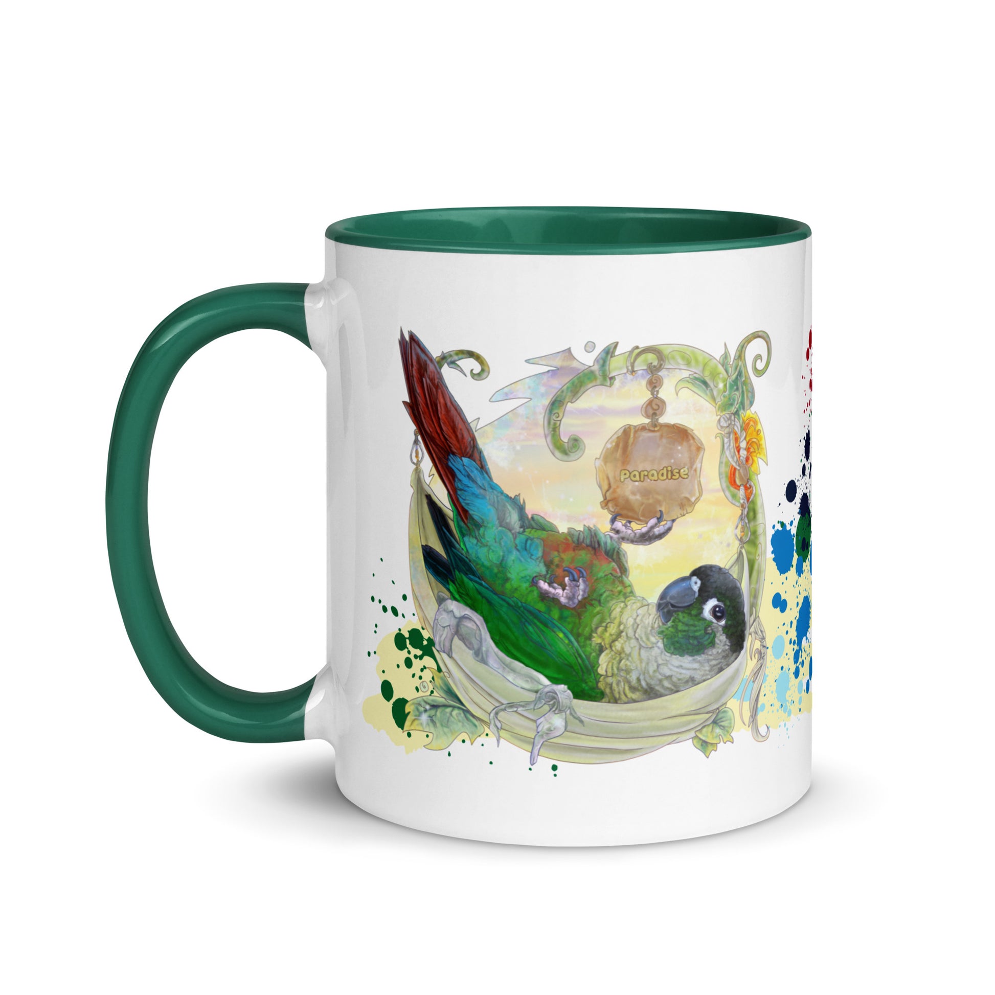 Green cheeked conure ceramic Mug for bird and parrot lovers by Canadian Bird Artist Cinksart Mug Green and white color with glossy finish 11 oz cute birb in paradise - Left Side view - Tasse verte et blanche , mug verte et blanc avec conure à joues vertes couché dans un hamac au paradis illustration par l'artiste québécoise Cinksart, illustratrice d'oiseaux depuis 2024 ( tasse vue coté gauche )