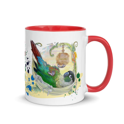 Green cheeked conure ceramic Mug for bird and parrot lovers by Canadian Bird Artist Cinksart Mug Red and white color with glossy finish 11 oz cute bird in paradise - Right Side view - Mug rouge et blanc en céramique, Tasse rouge et blanche avec conure à joues vertes couché dans un hamac au paradis illustration par l'artiste québécoise Cinksart, illustratrice d'oiseaux depuis 2024 ( tasse vue coté droit )